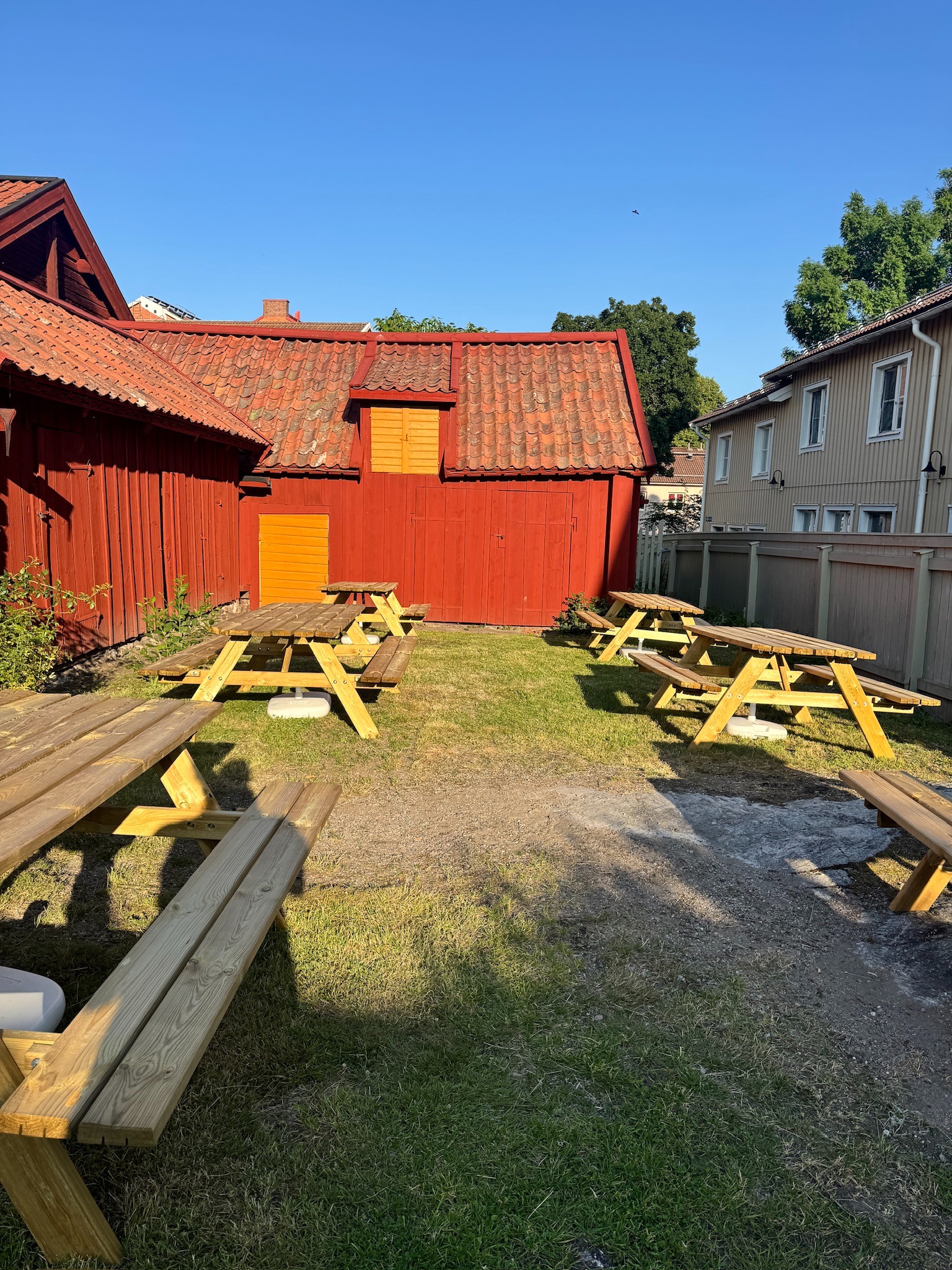 Caféets soliga bakgård med picknickbord